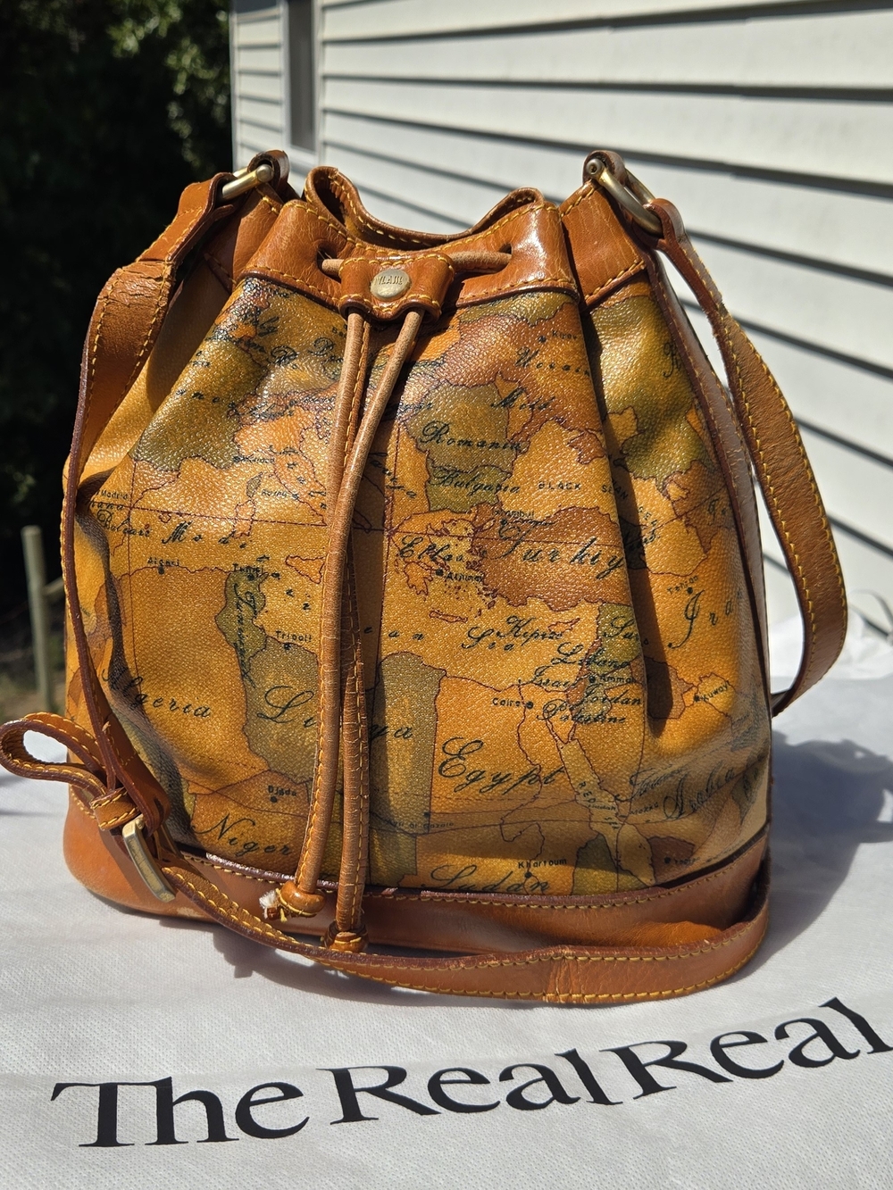 GUC Alviero Martini 1A Classe Geo Map bucket Bag- Brown/Gold